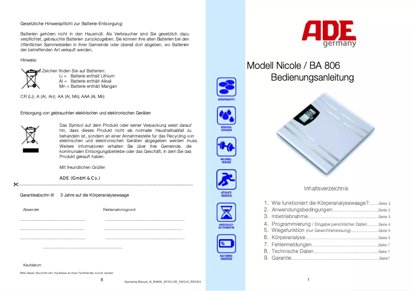 Page 1 de la notice Manuel utilisateur ADE Nicole BA 806