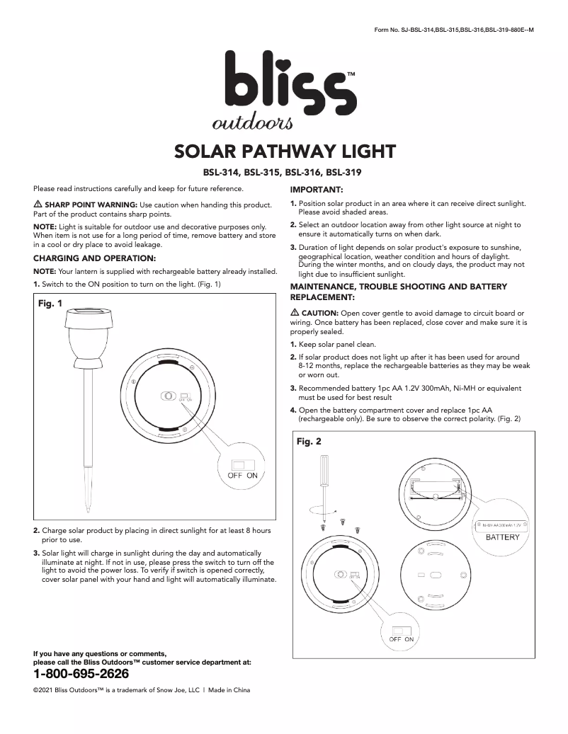 Page 1 de la notice Manuel utilisateur Bliss Outdoors BSL-315