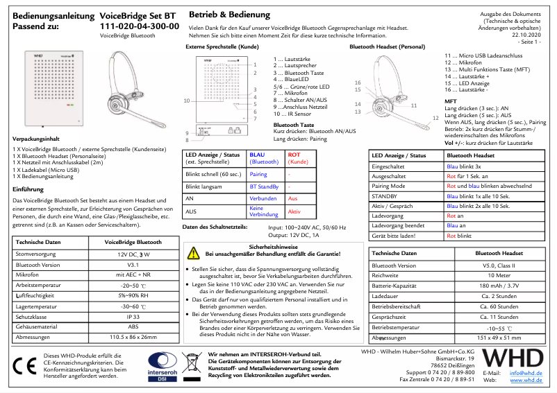Page n°1 - Manuel utilisateur WHD VoiceBridge Set BT