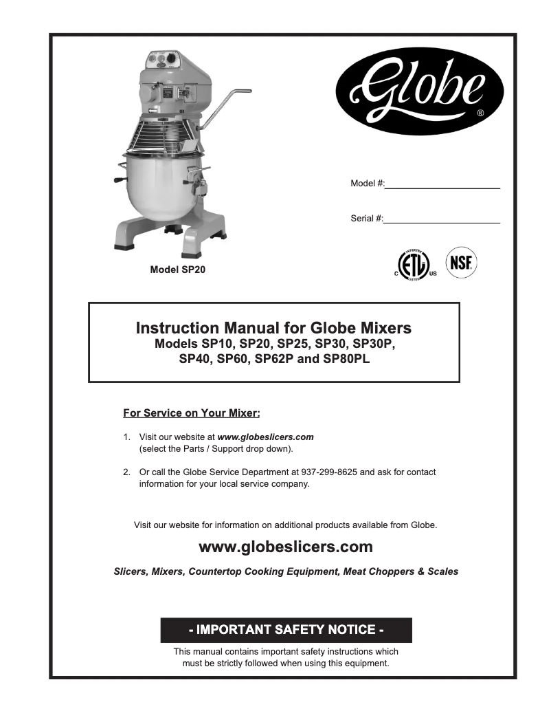 Page 1 de la notice Manuel d'utilisation et d'entretien Globe SP20