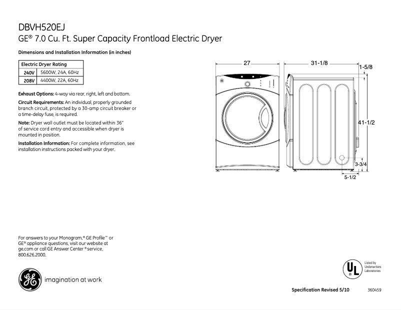 Page n°1 - Fiche technique GE DBVH520EJWW