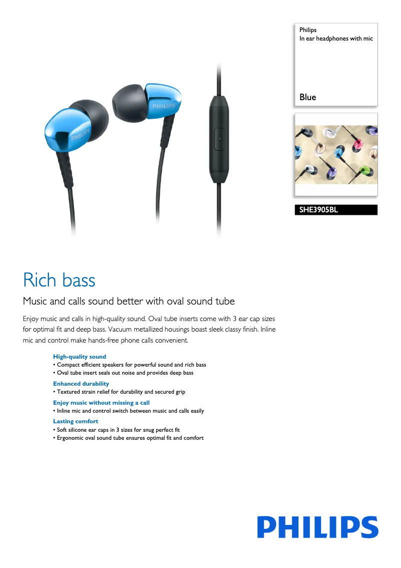 Page 1 de la notice Fiche technique Philips SHE3905