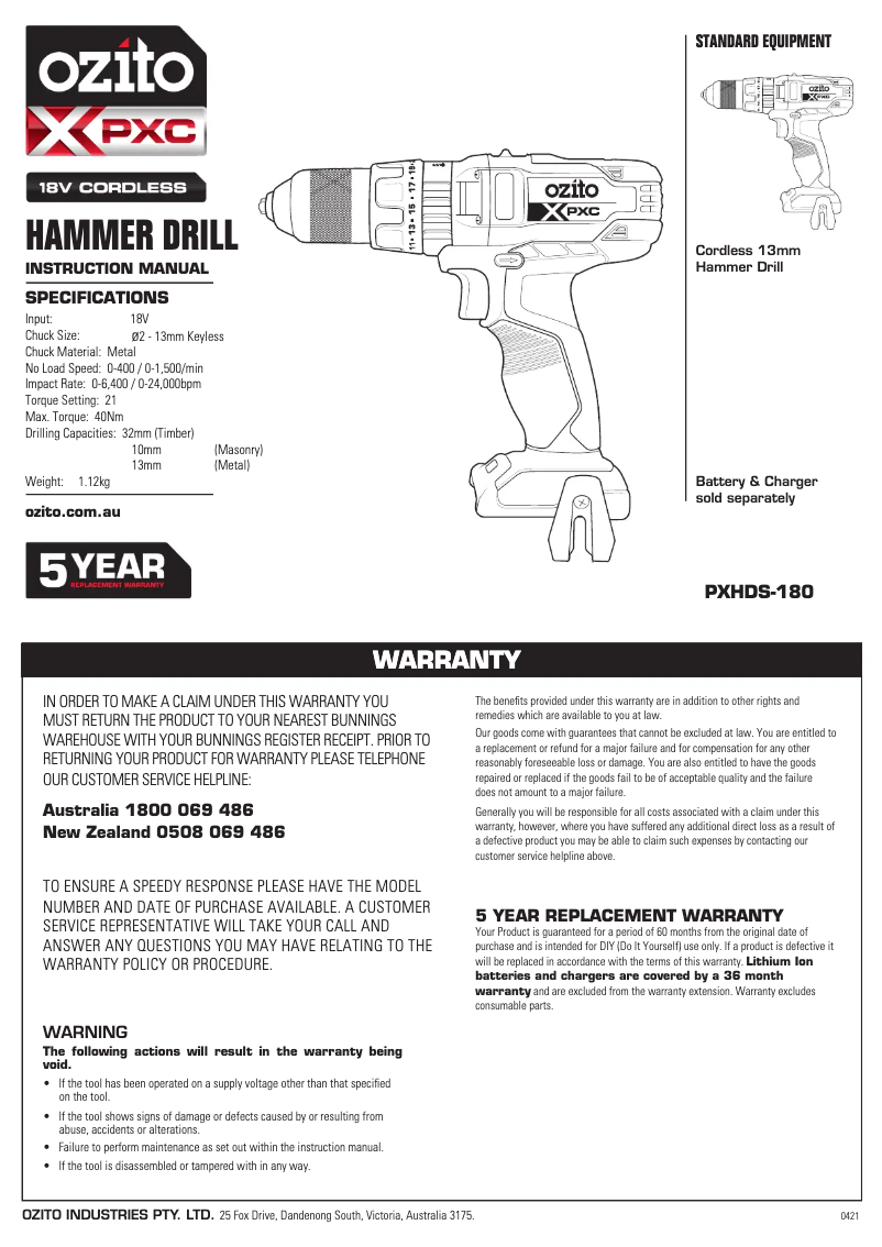 Page 1 de la notice Manuel utilisateur Ozito PXHDS-180