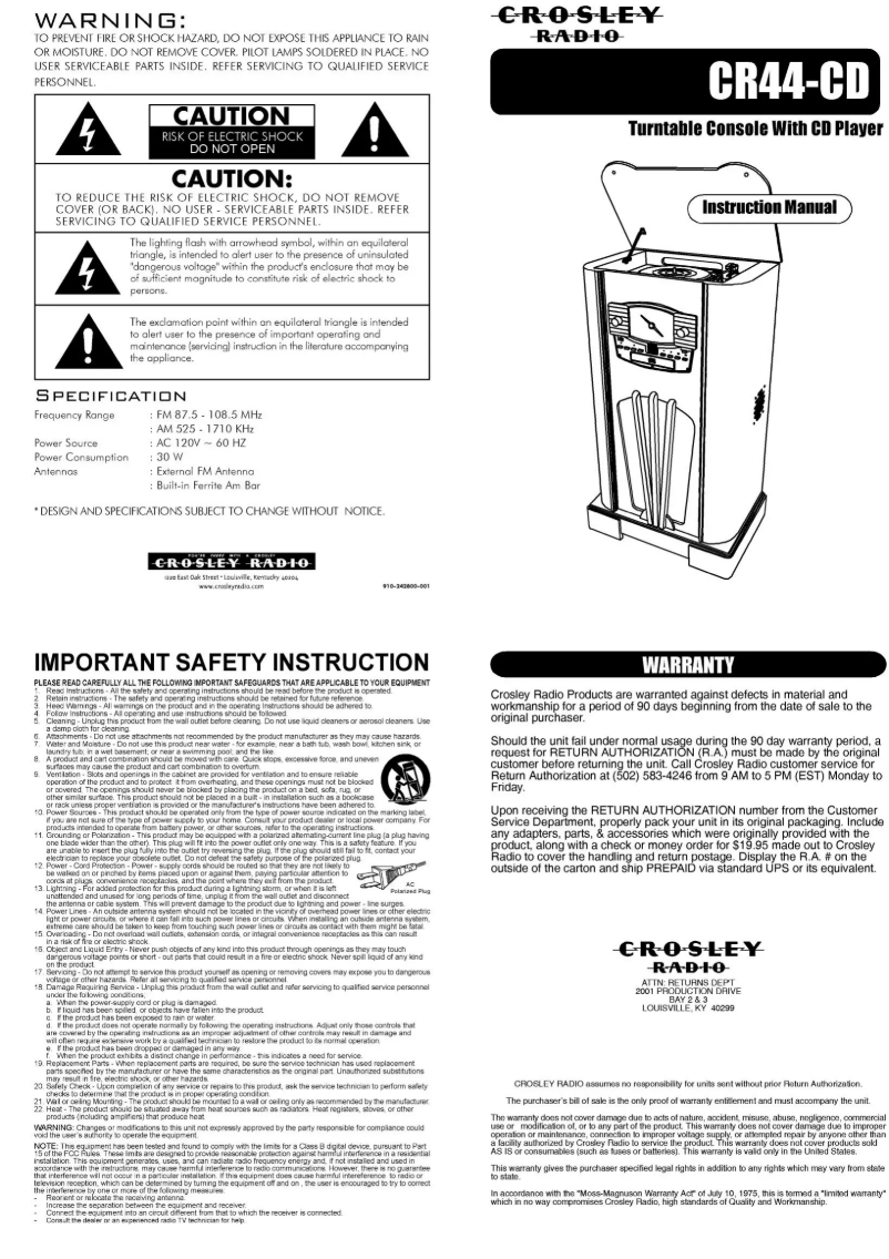 Page 1 de la notice Manuel utilisateur Crosley CR44CD