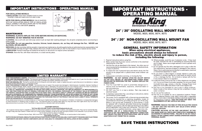 Page 1 de la notice Manuel utilisateur Air King 9025