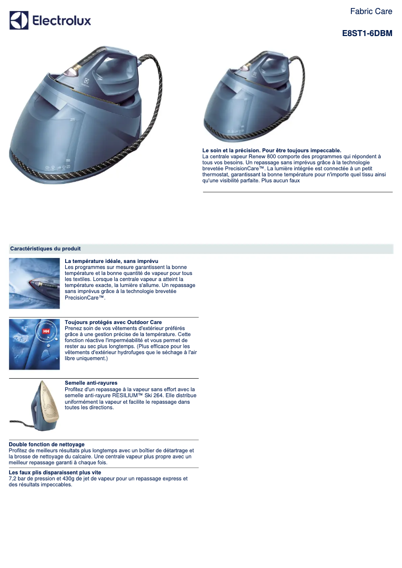 Page 1 de la notice Fiche technique Electrolux Renew 800