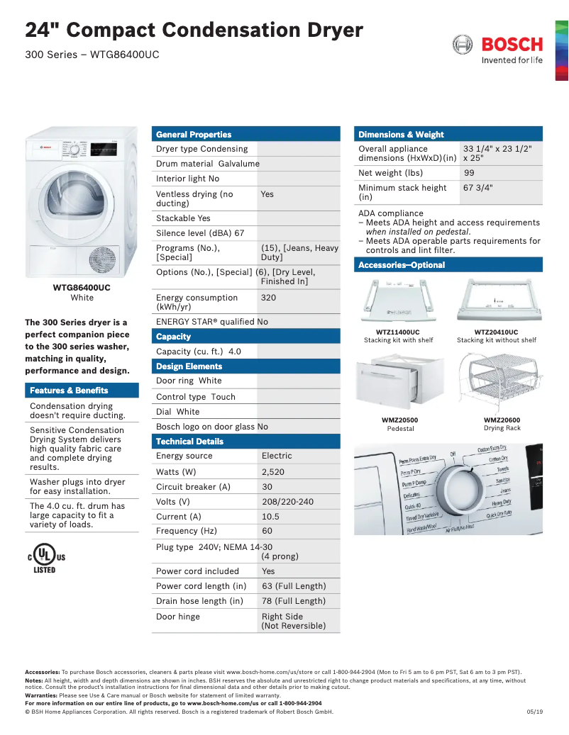 Page 1 of the manual Technical Sheet Bosch WTG86400UC