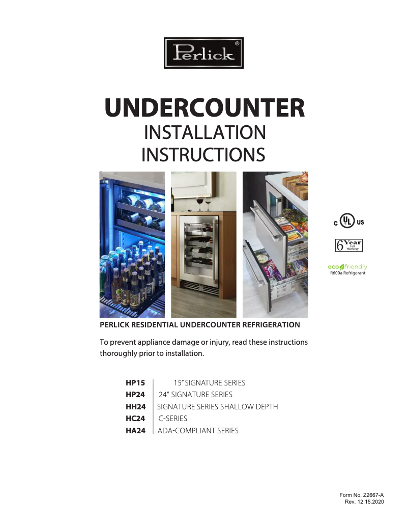 Page n°1 - Guide d'installation Perlick HA24RB-4-2L