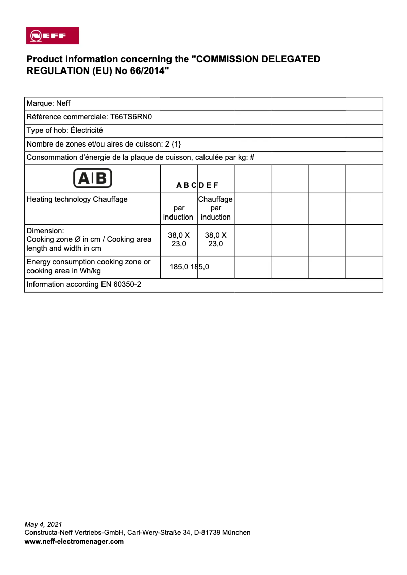 Page 1 de la notice Label énergétique Neff T66TS6RN0