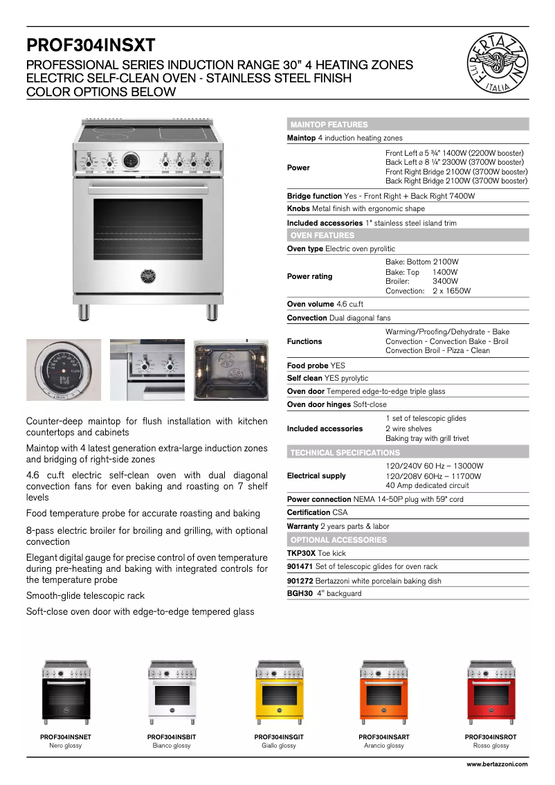 Page 1 de la notice Fiche technique Bertazzoni Professional PROF304INSART