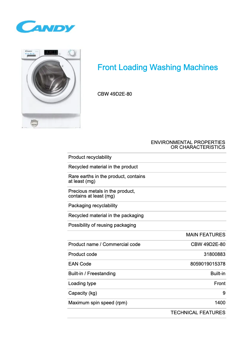 Page 1 de la notice Fiche technique Candy CBW 49D2E-80