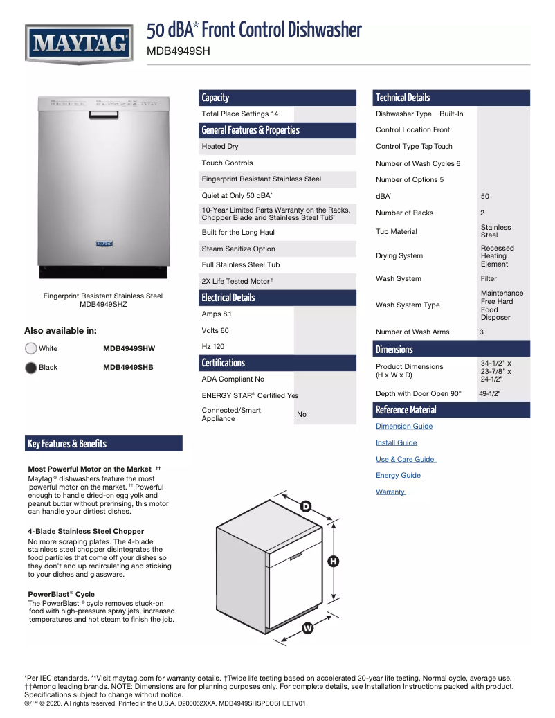 Page 1 de la notice Fiche technique Maytag MDB4949SHB