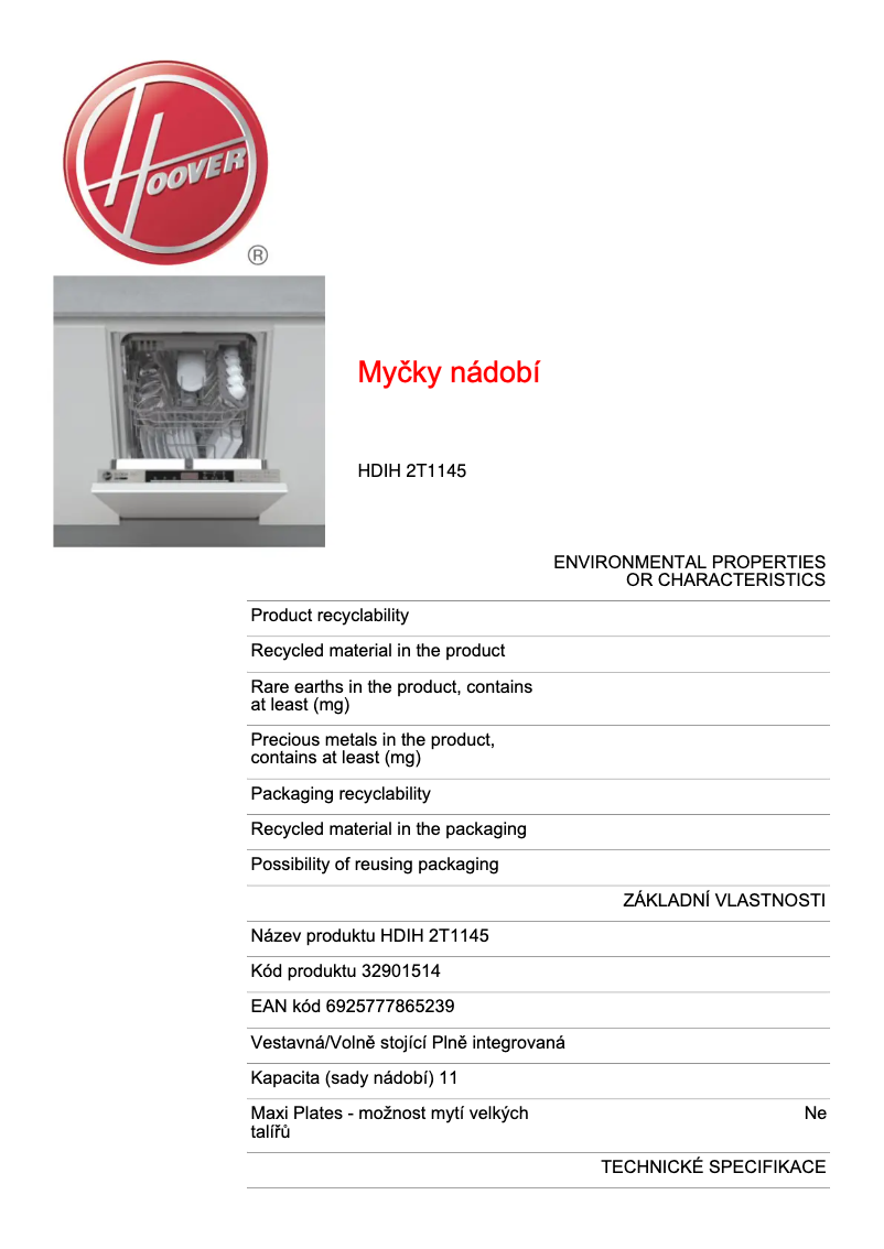 Page n°1 - Fiche technique Hoover HDIH 2T1145