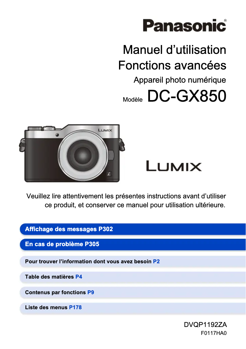 Page 1 de la notice Manuel utilisateur Panasonic Lumix DC-GX850