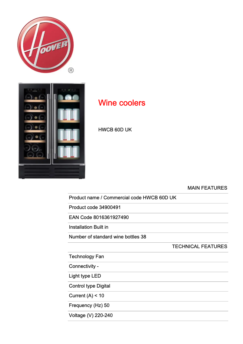 Page n°1 - Fiche technique Hoover HWCB 60D UK
