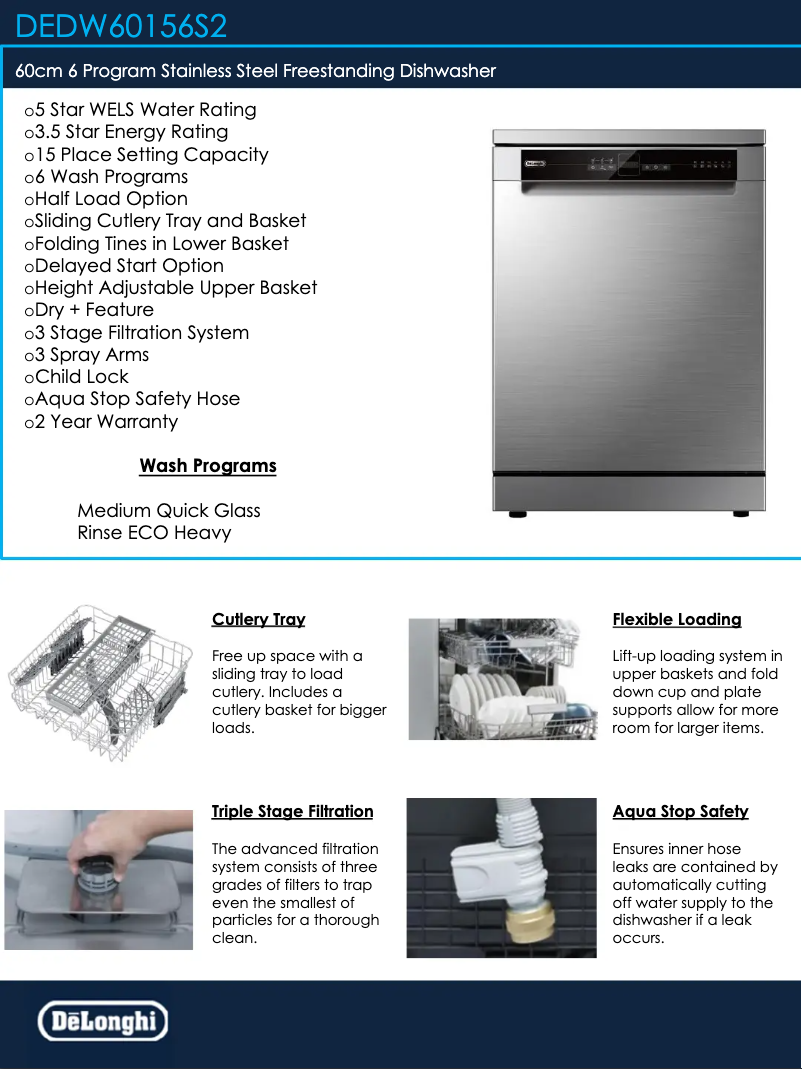 Page 1 de la notice Fiche technique DeLonghi DEDW60156S2