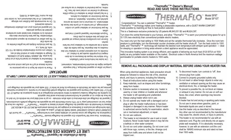 Page 1 de la notice Manuel utilisateur Seabreeze Thermaflo Slim Line