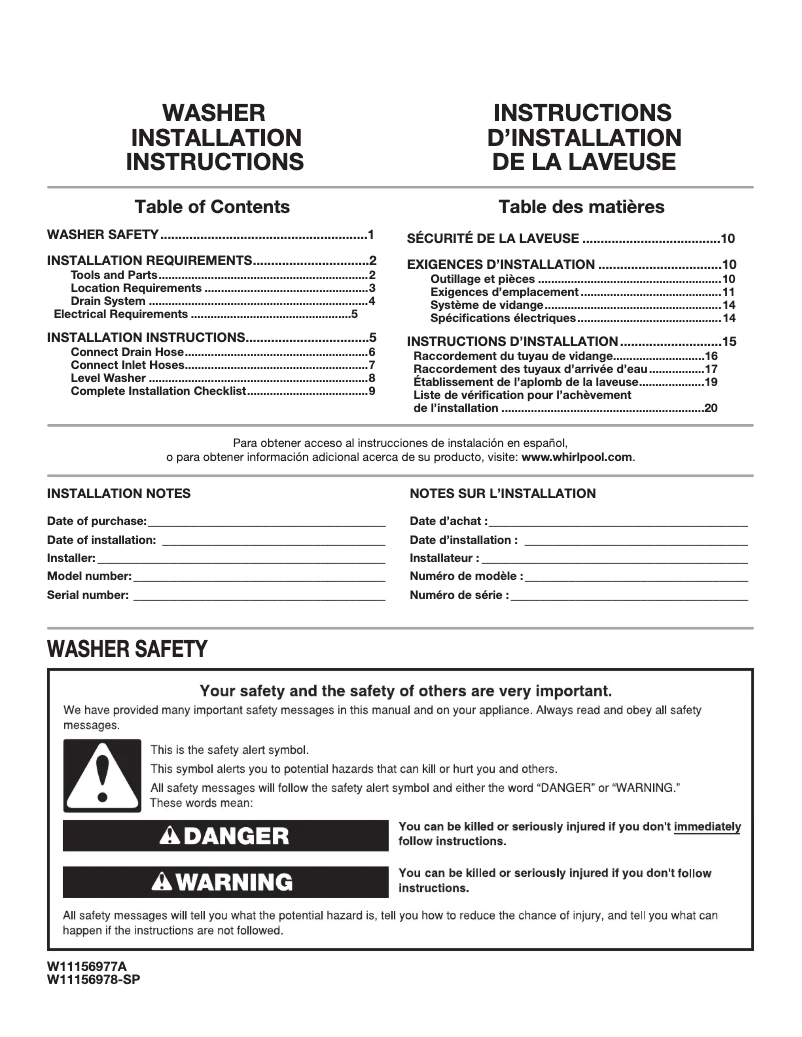 Page 1 de la notice Guide d'installation Whirlpool WFW862CHC