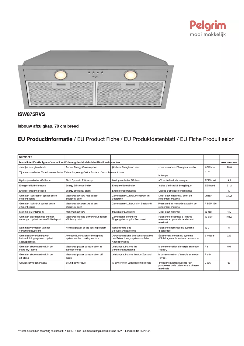 Page 1 de la notice Fiche technique Pelgrim ISW875RVS