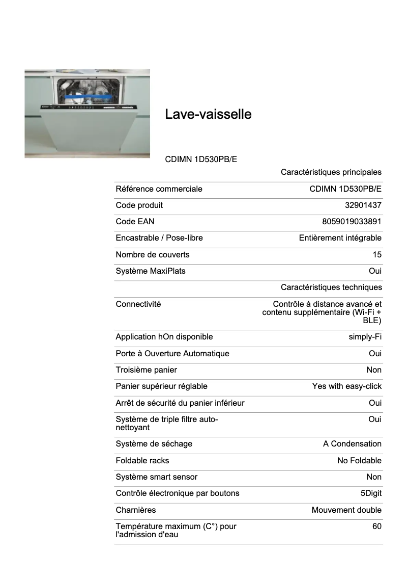 Page n°1 - Fiche technique Candy CDIMN 1D530PB