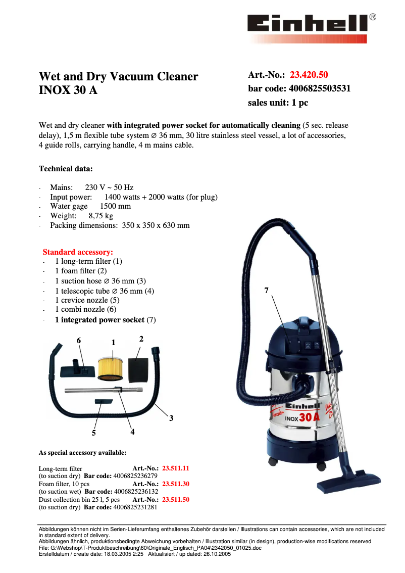 Page 1 de la notice Fiche technique Einhell INOX 30 A