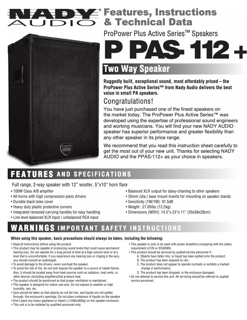 Página 1 del manual Manual de usuario Nady ProPower Plus Active PPAS-112+