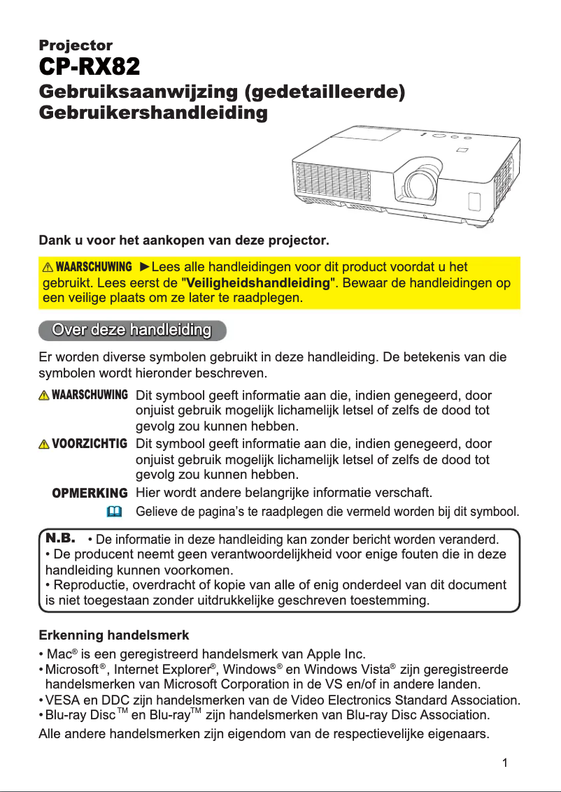Page n°1 - Manuel utilisateur Hitachi CP-RX82EP