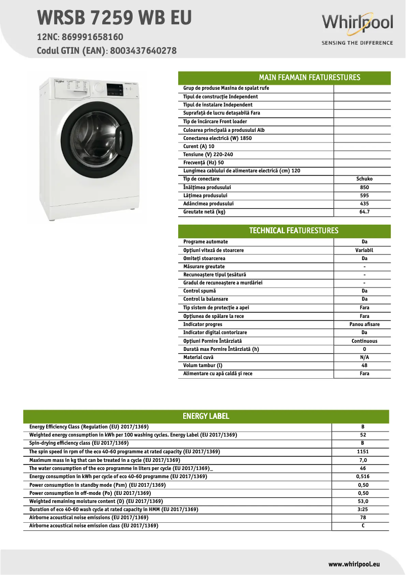 Image de la première page du manuel de l'appareil WRSB 7259 WB