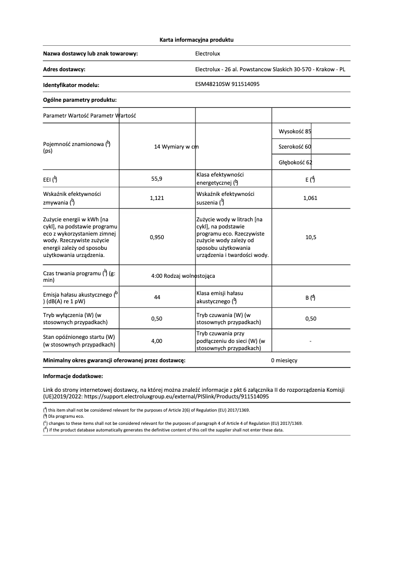 Page 1 de la notice Fiche technique Electrolux ESM48210SW