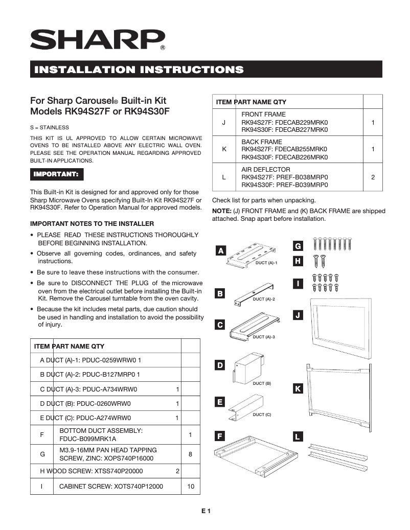 Page 1 de la notice Manuel utilisateur Sharp RK94S27F