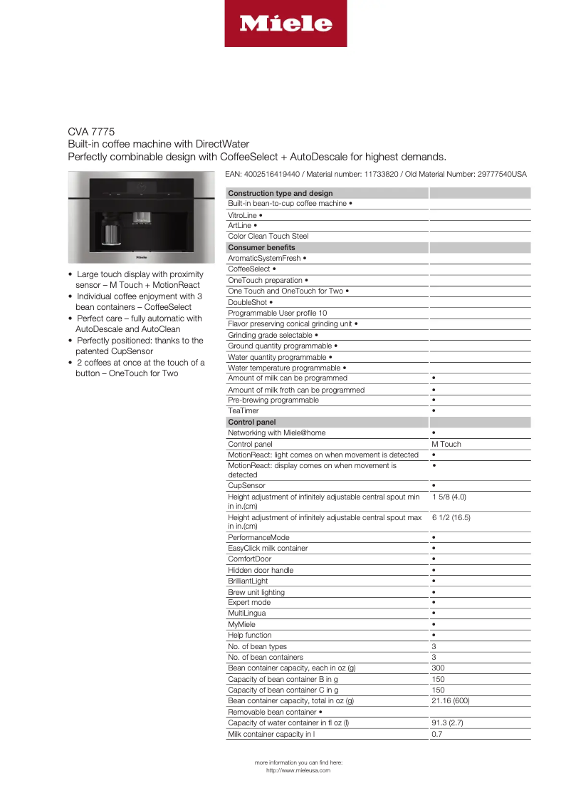 Page 1 de la notice Fiche technique Miele CVA 7775