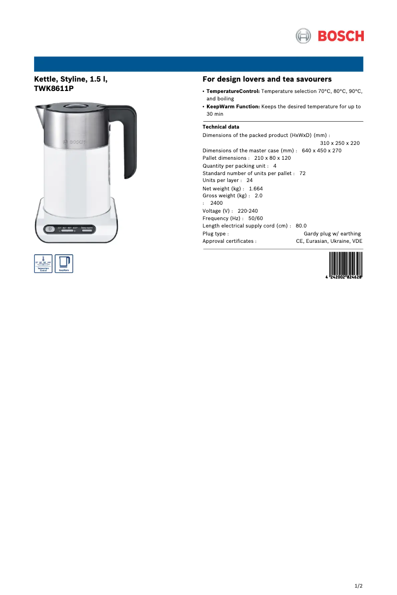 Page 1 de la notice Fiche technique Bosch Styline TWK8611P