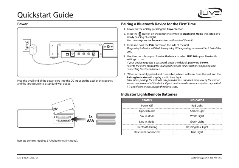 Page 1 de la notice Guide de démarrage rapide iLive ITB296B