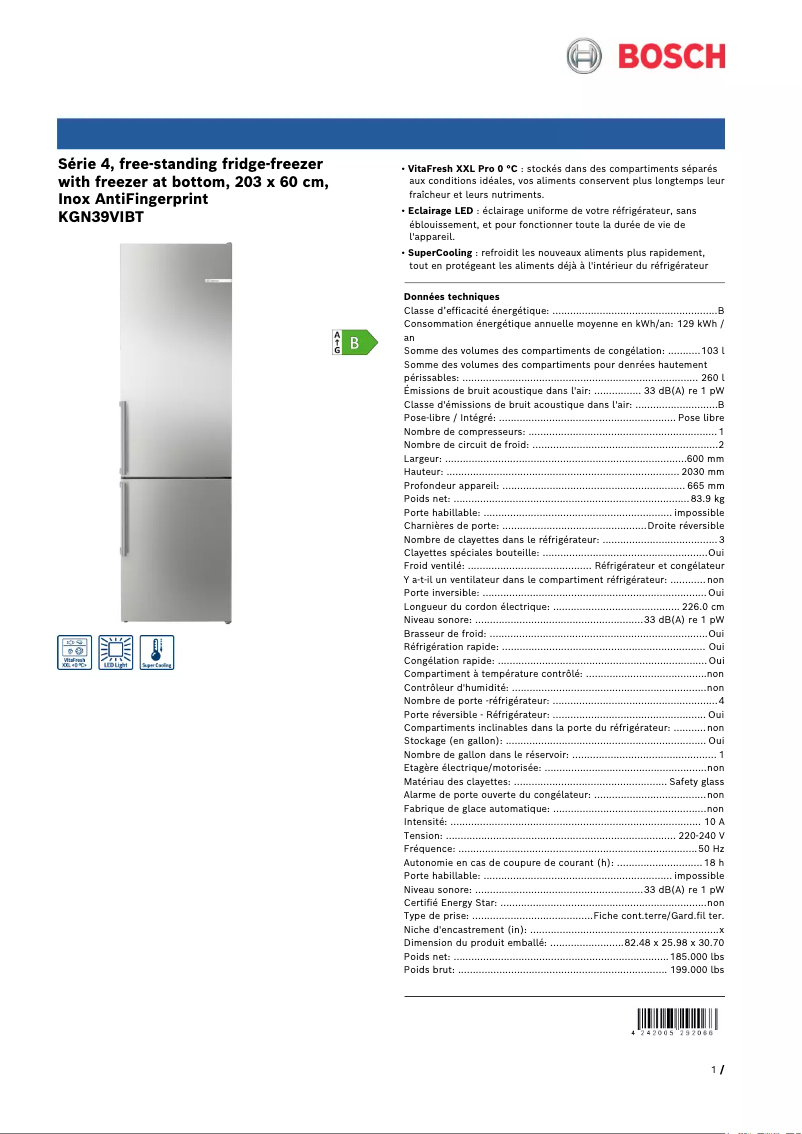 Page n°1 - Fiche technique Bosch KGN39VIBT