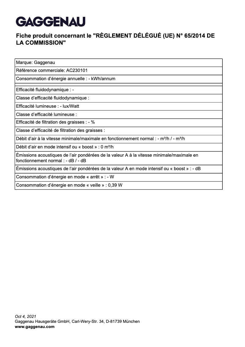 Page 1 de la notice Fiche technique Gaggenau AC230101