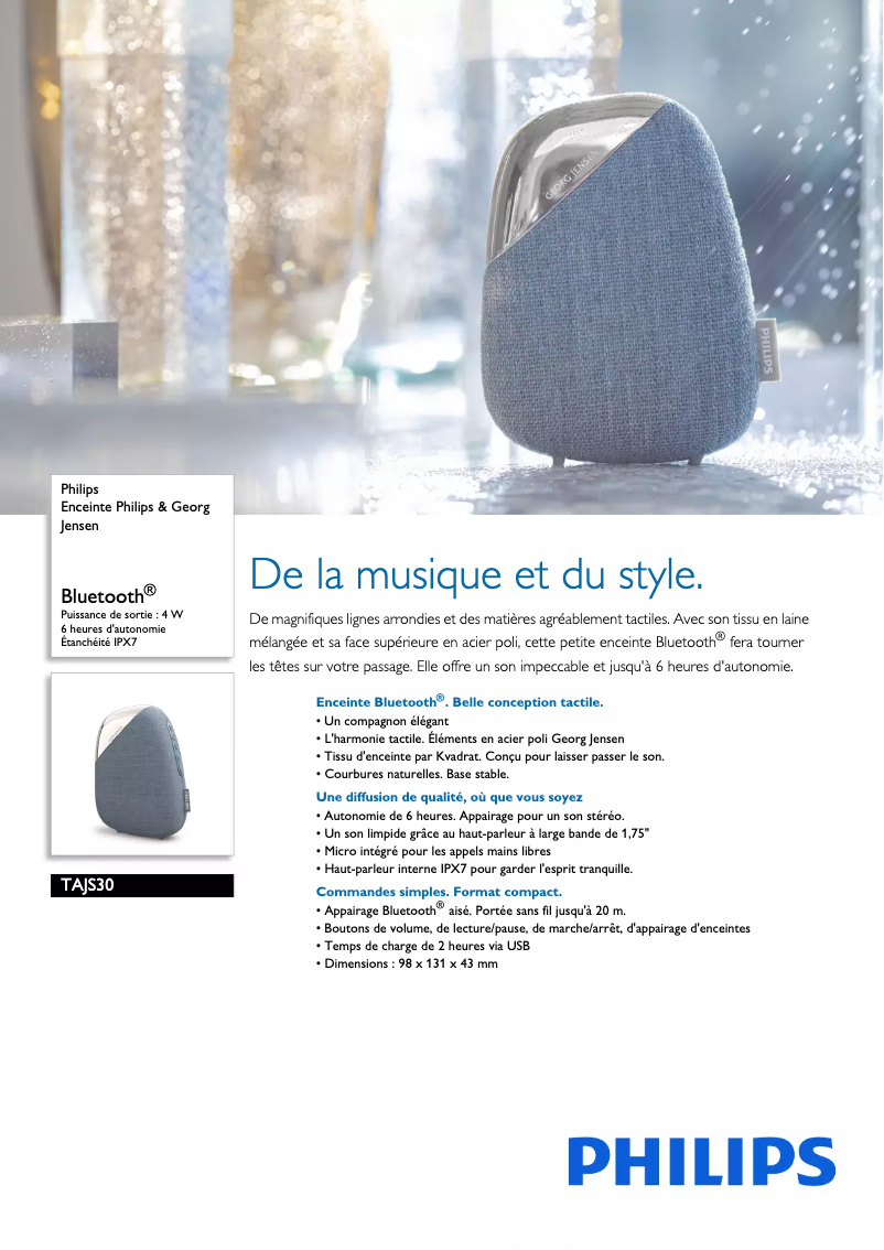 Page 1 de la notice Fiche technique Philips Georg Jensen TAJS30