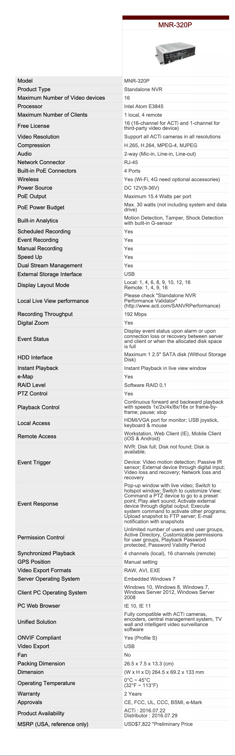 Page n°1 - Brochure ACTi MNR-320P