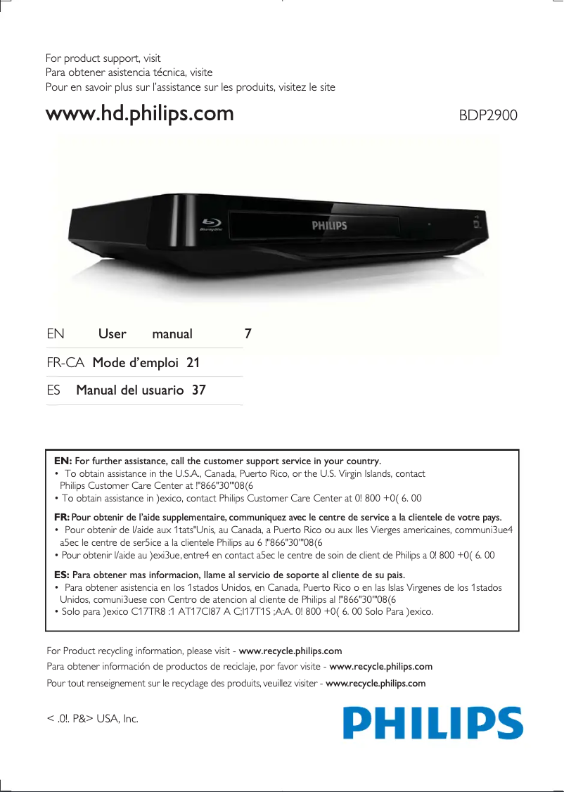 Page 1 de la notice Manuel utilisateur Philips BDP2900