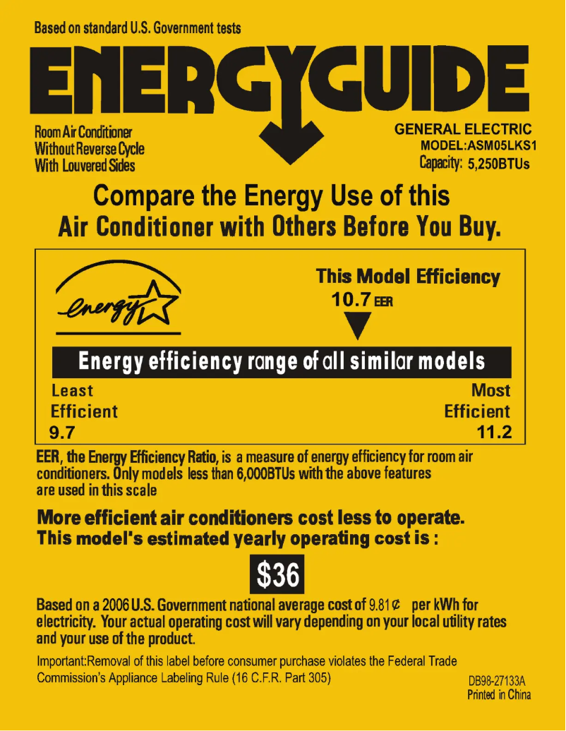 Page 1 de la notice Label énergétique GE ASM05LK