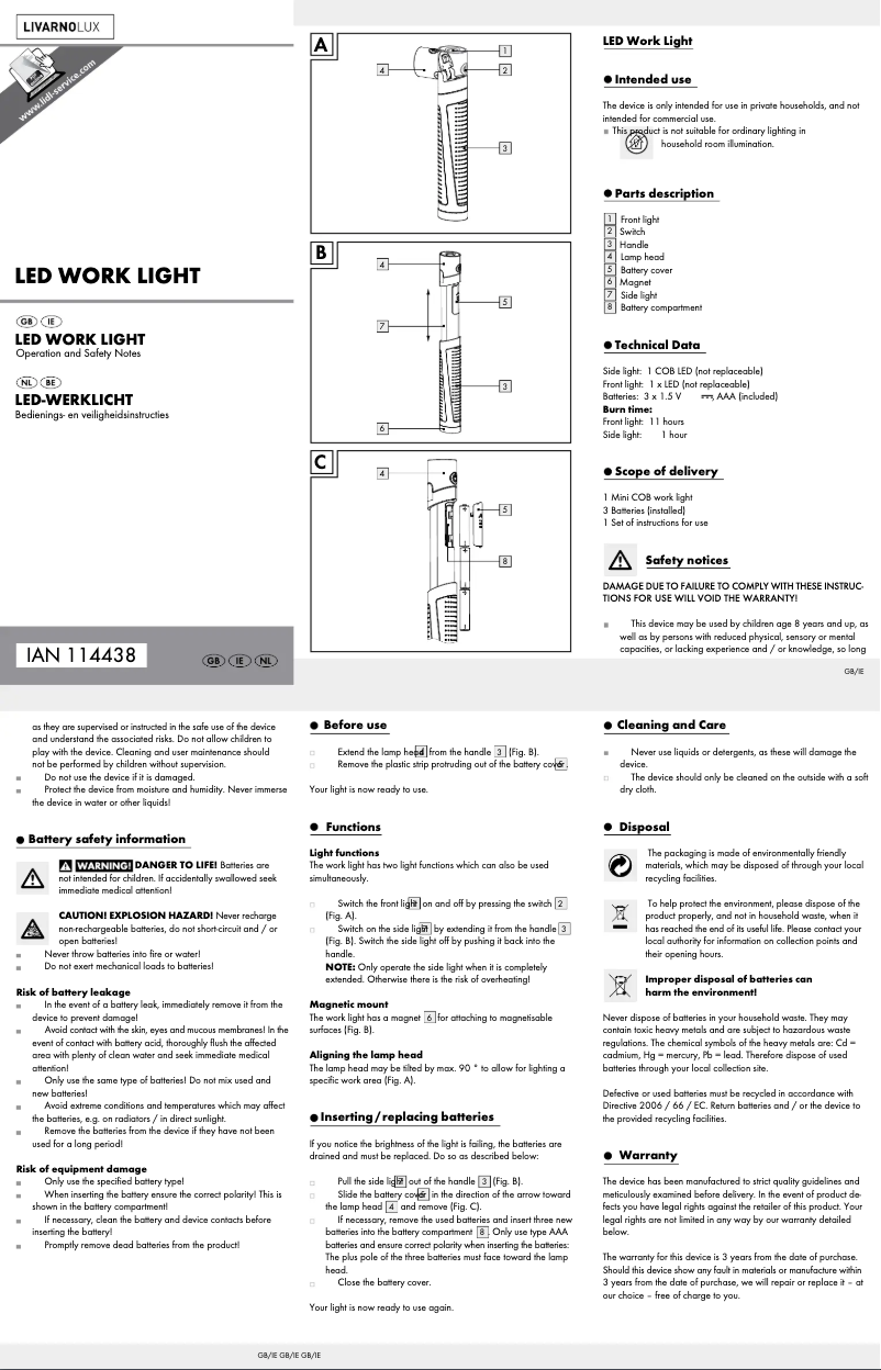 Page 1 de la notice Manuel utilisateur Livarno Lux IAN 114438