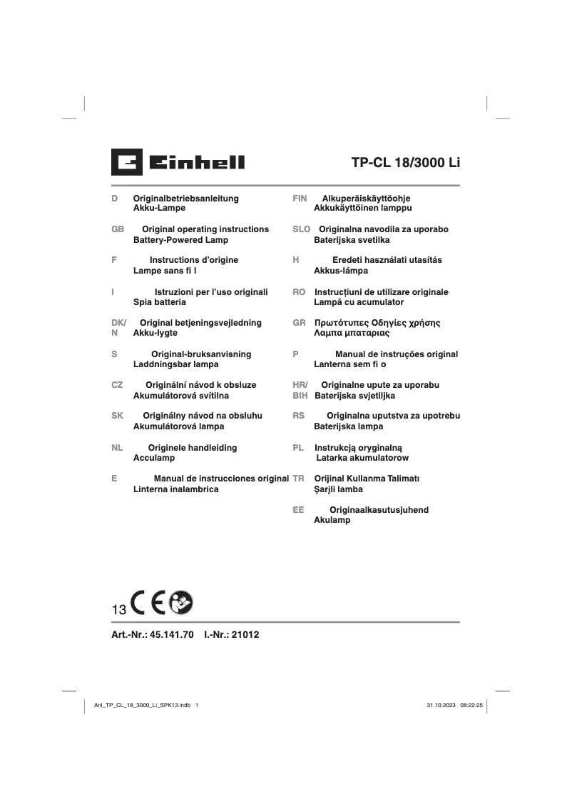 Page 1 de la notice Manuel utilisateur Einhell TP-CL 18/3000 Li