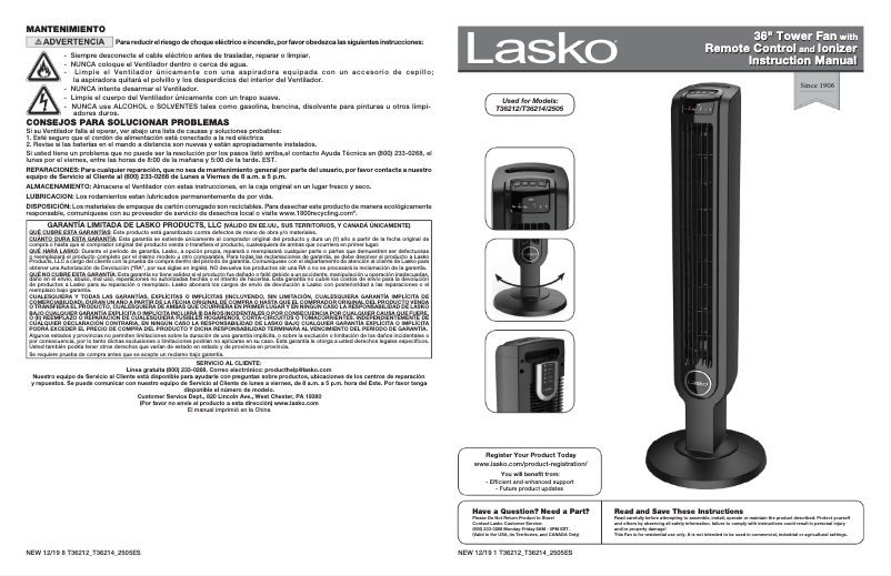 Page 1 de la notice Manuel utilisateur Lasko T36212