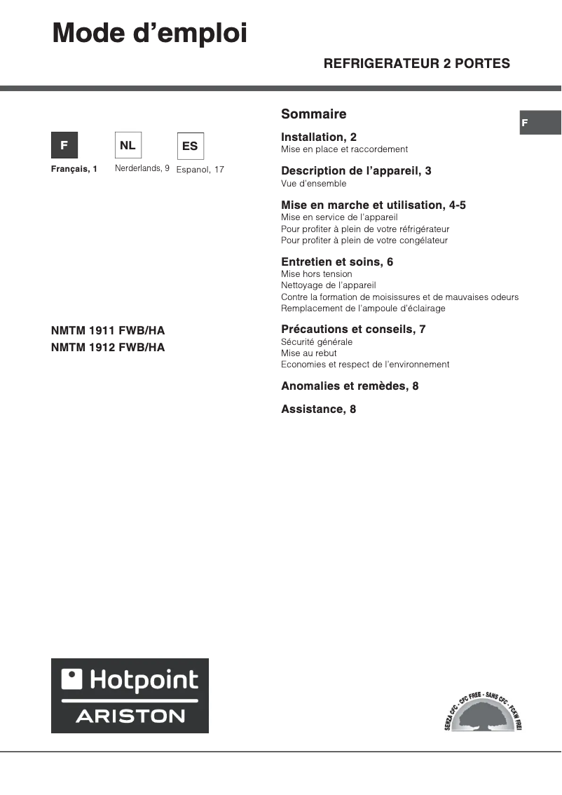Page 1 de la notice Manuel utilisateur Hotpoint Ariston NMTM 1912 FWB/HA