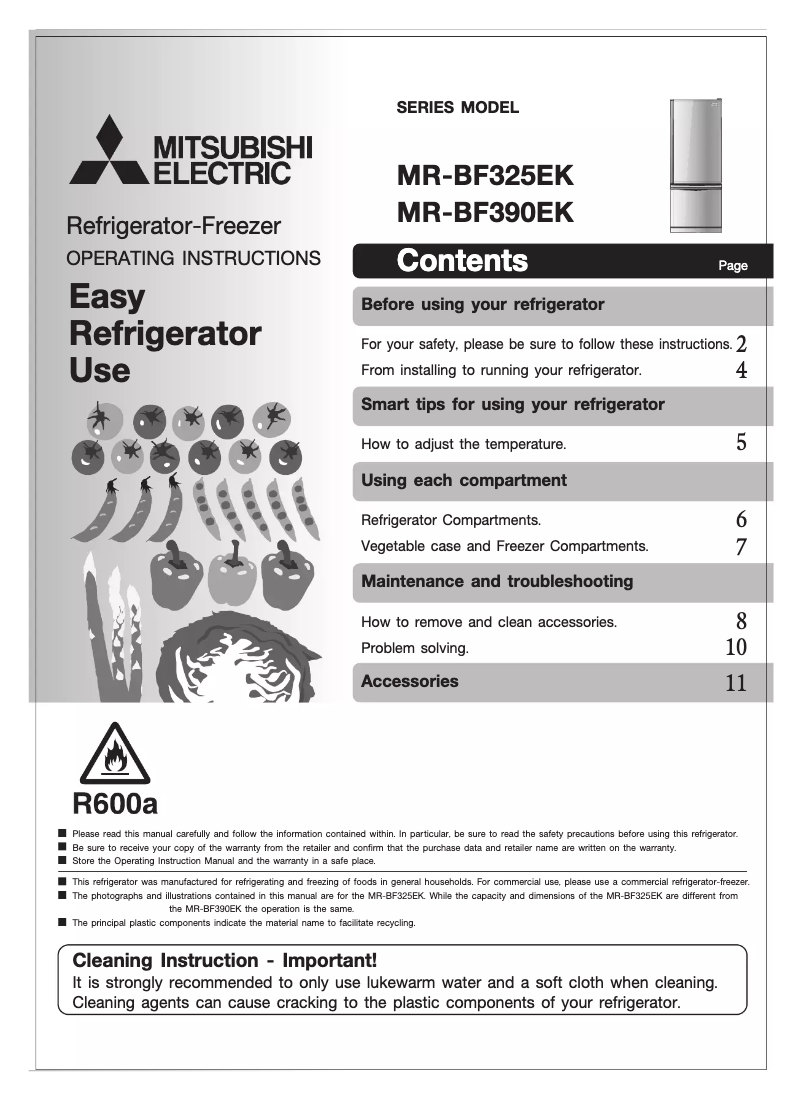Page 1 de la notice Manuel utilisateur Mitsubishi MR-BF390EK-ST-A2
