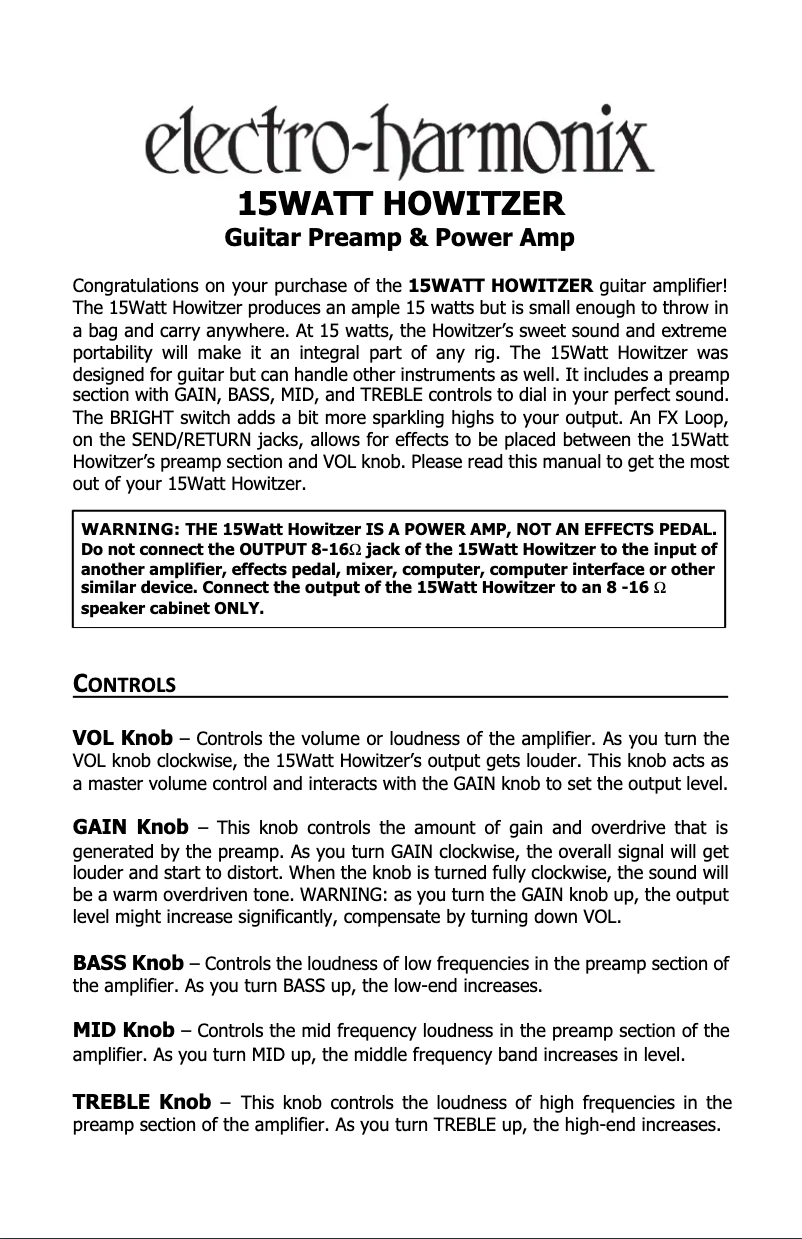 Page 1 de la notice Manuel utilisateur Electro Harmonix 15Watt Howitzer