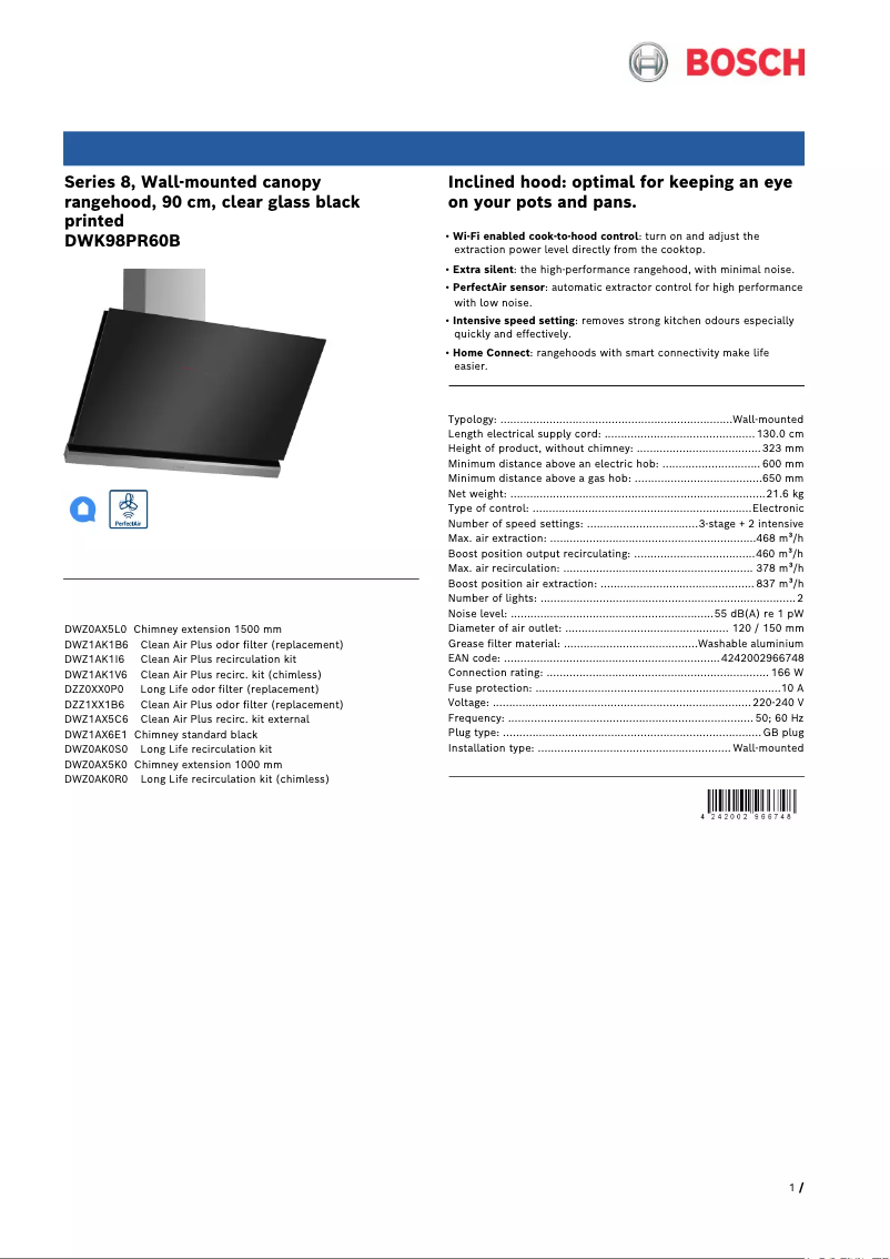 Página 1 del manual Ficha técnica Bosch Serie 8 DWK98PR60B