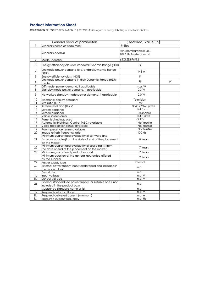 Page 1 de la notice Fiche technique Philips 65OLED876