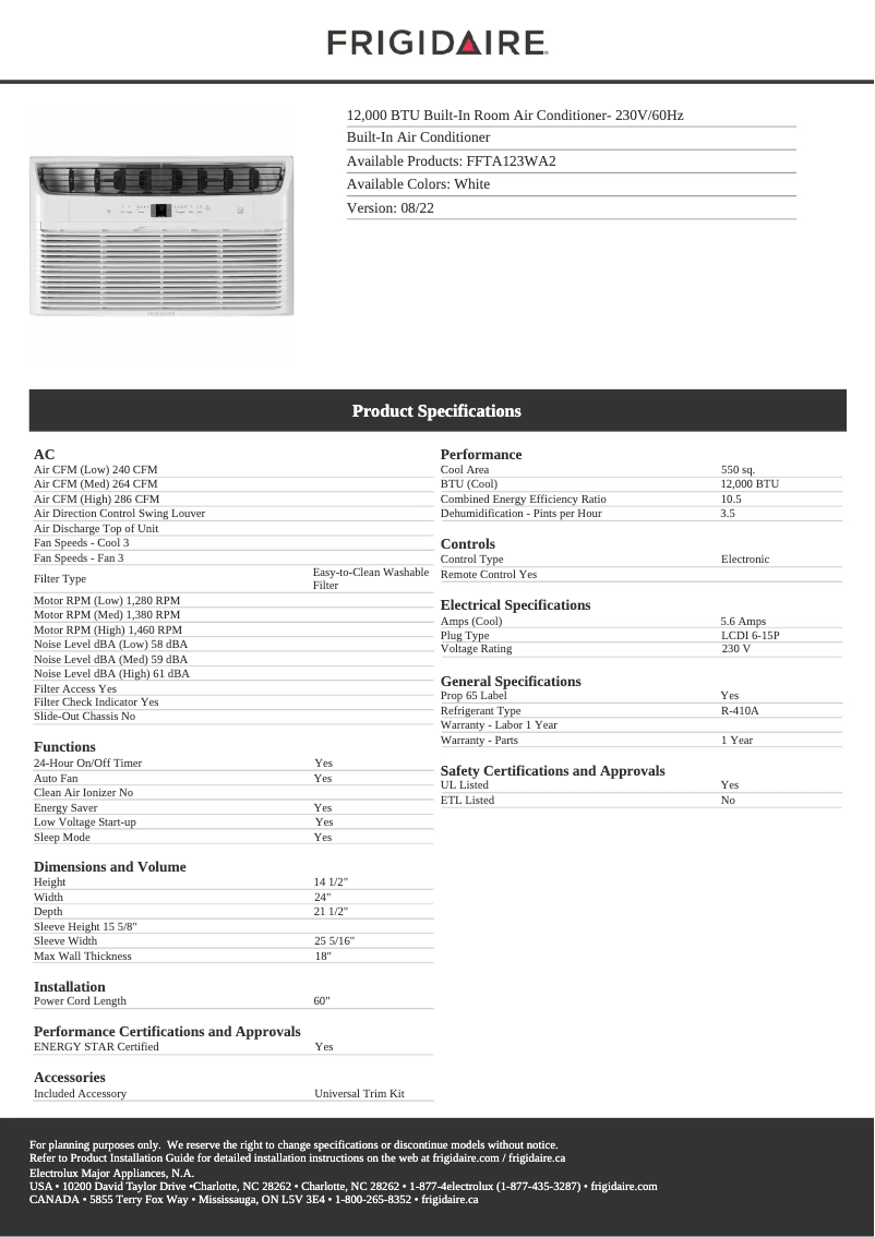 Page 1 de la notice Fiche technique Frigidaire FFTA123WA2