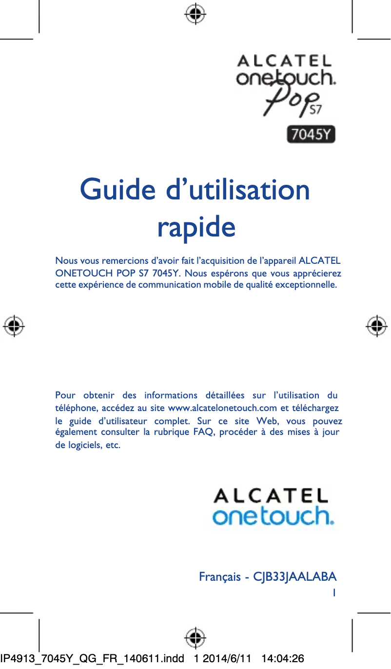 Page 1 de la notice Manuel utilisateur Alcatel One Touch Pop S7 7045Y