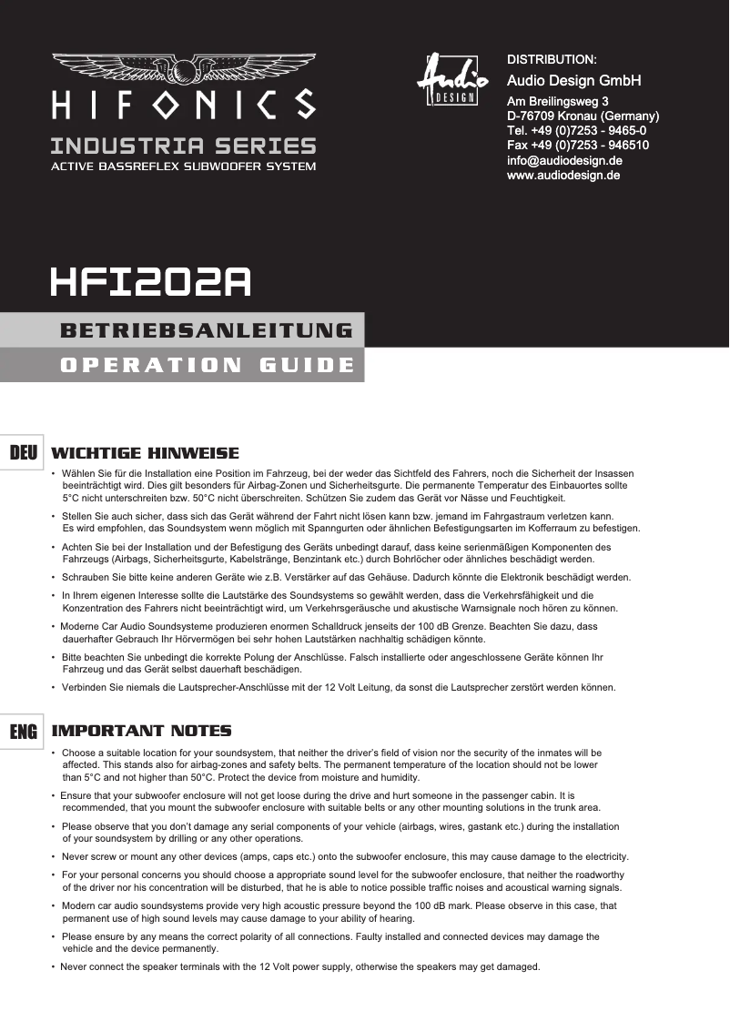 Page 1 de la notice Manuel utilisateur Hifonics HFI-202A